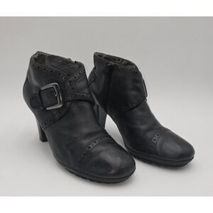 Aerosoles Monument Black Leather Brogue Buckle Ankle Boots Heels Women's 6.5M